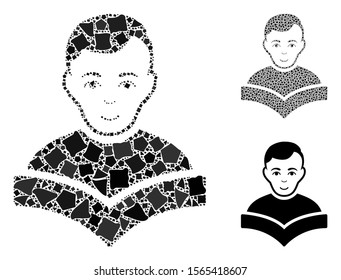 Student composition of rough items in different sizes and color tones, based on student icon. Vector bumpy items are united into mosaic. Student icons collage with dotted pattern.