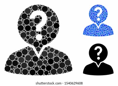 Student composition of round dots in different sizes and color tones, based on student icon. Vector random circles are combined into blue composition. Dotted student icon in usual and blue versions.