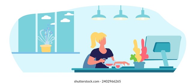 Student at the computer. Remote work concept. Remote work for a freelancer. Interior, evening, lighting, lamps, indoor plants, window, clouds, evening. Cartoon flat vector illustration.