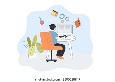 Student at computer studying chemistry. Person sitting with book, calculator, formula and lab flask over head flat vector illustration. Education concept for banner, website design or landing web