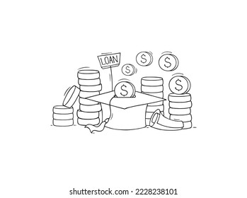 Student concept - invest money in education. Concept of tuition cost, scholarship, school grant. Vector hand drawn illustration with character put gold coins in graduation cap