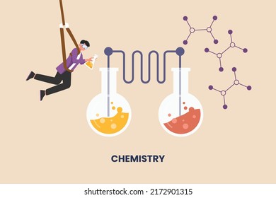 Student conducts chemical experiments with tubes. Subjects concept in school and university. Flat vector illustration isolated.