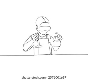 student conducts experiment, mixes reagents, chemistry one line art. Continuous line drawing of online knowledge, learning, education, teaching, solving problems, student life