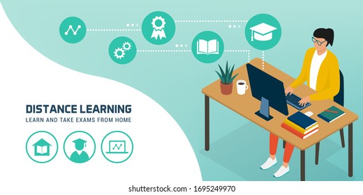 Student connecting online to e-learning platforms and attending online courses, distance learning concept