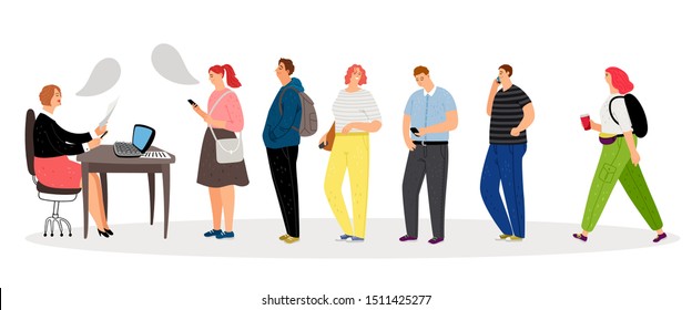 Student consultation. Student assistance, paperwork. Long queue from youth to consultant. Vector girls and boys characters