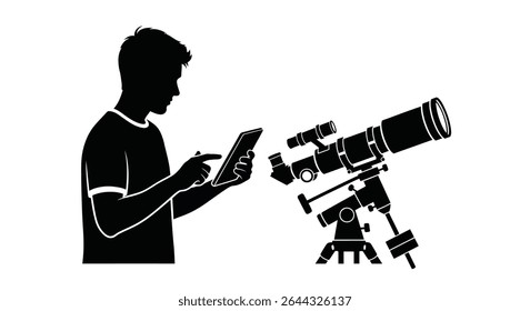 A student controlling a telescope via tablet.jpg	Student Controlling Telescope Tablet Astronomical Exploration Future	A curious student actively controls a powerful telescope using a tablet, engaging 