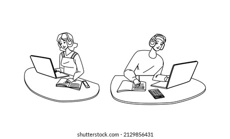 Pareja Estudiantil Haciendo Hogar En Vector De Dibujo De Lápiz De Línea Negra De Portátil. Jóvenes Y Muchachas Adolescentes Usando Teléfonos Móviles Y Computadoras Digitales Para Preparar El Trabajo Doméstico. Ilustración de caracteres