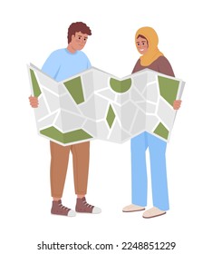 Student couple planning route semi flat color vector characters. Editable figure. Full body people on white. Travel abroad simple cartoon style illustration for web graphic design and animation