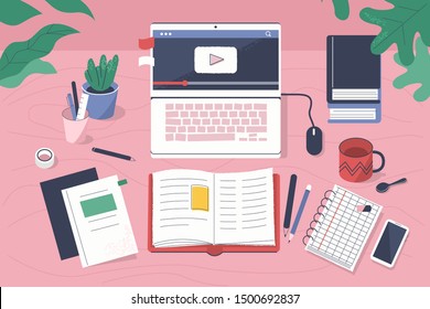 Student Creative Workplace. Modern Office Desk with Laptop, Books, Notebooks and other Studying Supplies. Online Education and  E-Learning Concept. Flat Cartoon Vector Illustration.