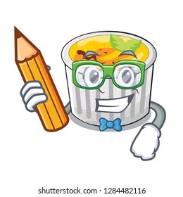 Student creme brule in white cartoon bowl
