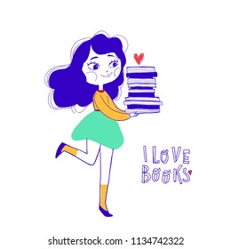 Student Cute character. Happy Girls with many books. I love book concept. Back to school vector illustration. Comic hand drawn style