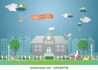 Student cycling on the street in front of the school and PENCILS, RULER, ERASER in the wooden basket and tied with white rope parachute from the sky Back to school education concept, vector and illustration