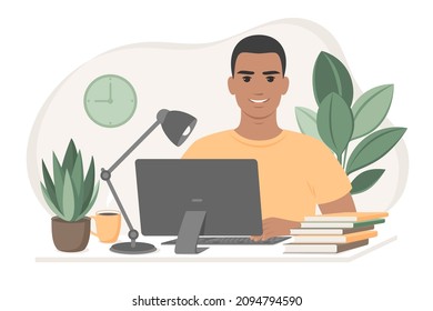 Student with dark skin and hair learns using online courses, freelancer working from home. Freelance,  studying or online education, homeschooling concept. Vector flat style illustration. 