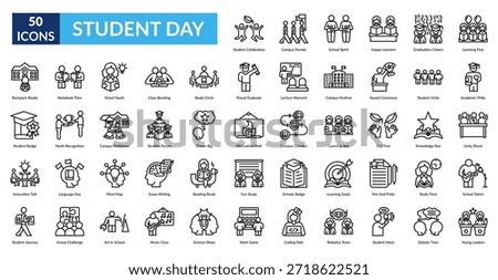 Student Day Line Icon Set. Student Celebration, Campus Parade, School Spirit, Happy Learners, Graduation Cheers, Learning Fest, Academic Pride