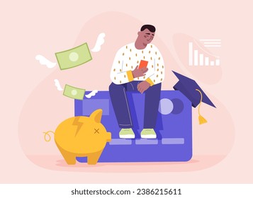 Student debt concept. Man with smartphone near graduation cap and golden piggy bank. Young guy with problems with money. Cartoon flat vector illustration isolated on pink background