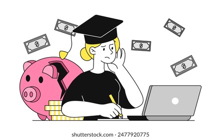 Student debt concept. Woman in graduation cap sits in front of laptop near piggy bank. University education debt. Financial problems. Linear flat vector illustration isolated on white background