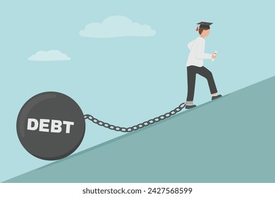 Student debt illustration concept. Graduate struggling with loan repayments. Man walking up hill with ball of debt chained to his leg. 