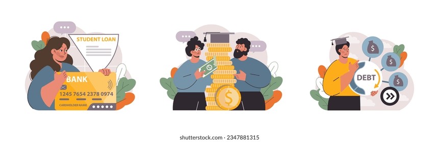 Studentenschuldensatz. Junge Absolventen mit einer Finanzkrise. Darlehen für teure Bildung. Zahlungsprobleme nach einer Graduierung. Flache Vektorgrafik