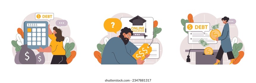 Studentenschuldensatz. Junge Absolventen mit einer Finanzkrise. Darlehen für teure Bildung. Zahlungsprobleme nach einer Graduierung. Flache Vektorgrafik
