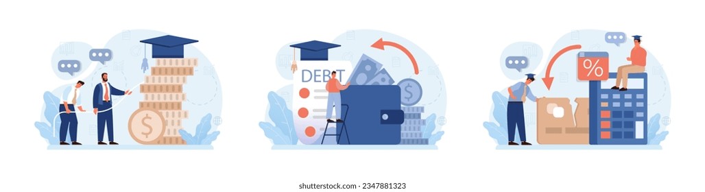 Student debt set. Young graduated character with a financial crisis. Expencive education loan. Payment problem after a graduation. Flat vector illustration