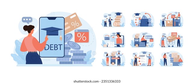 Student debt set. Young graduated character with a financial crisis. Expencive education loan. Payment problem after a graduation. Flat vector illustration