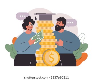 Student debt. Young graduated character with a financial crisis. Expencive education loan. Payment problem after a graduation. Flat vector illustration