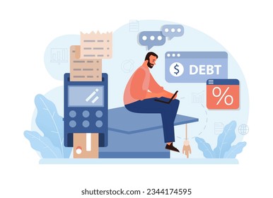 Student debt. Young graduated character with a financial crisis. Expencive education loan. Payment problem after a graduation. Flat vector illustration