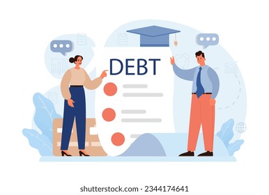 Student debt. Young graduated character with a financial crisis. Expencive education loan. Payment problem after a graduation. Flat vector illustration