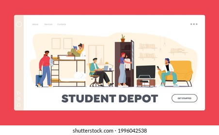 Student Depot Landing Page Template. Characters in Dormitory Room Sleeping and Studying in Academic Year. Alternative Home for Scholars with Bed, Table and Cupboard. Cartoon People Vector Illustration