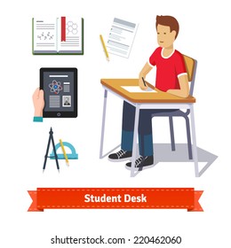 Student desk colourful flat icon set. Classroom student sitting at the desk and writing on the paper. EPS 10 vector.