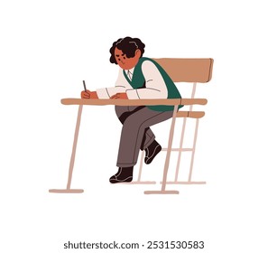 Student at the desk does homework, prepares for test, exam. Child writing, learning at lesson. Boy studies in class. Elementary school education. Flat isolated vector illustration on white background