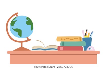 Student-Schreibtisch mit Erdkugel, offenes Buch, Stift-Halter, Stapel von Büchern Clip-Art Cartoon Stil Vektorgrafik. Zurück zur Schule, Hausaufgaben, Studienecke, Klassenkonzept. Handgezeichneter Stil