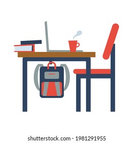 Student Desk Flat Vector Icon. Laptop, mug of tea or coffee, exam preparation, studying at home, undergraduate, Back to school. Icon for app, game, website about education . Vector flat cartoon style