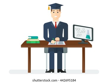 Student at desk in front of computer. Conceptual education character image. Cartoon flat vector illustration. Objects isolated on a white background.
