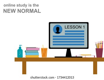 It’s a student desk full with books and stationery. There’s a LESSON 1 on computer screen. And words online study is the NEW NORMAL.
