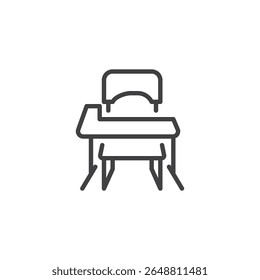 Student at Desk line icon. Outline icon vector showing a child or student seated at a desk. This icon symbol reflects learning, classroom, and school themes.