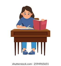 Student at Desk with Open Book for Reading