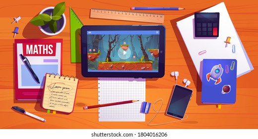 Student desk top view, teenager home workplace table with studying stationery tablet with computer game, textbooks, smartphone with headset, potted plant and calculator, Cartoon vector illustration