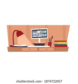 student desktop computer remote learning. 2d flat