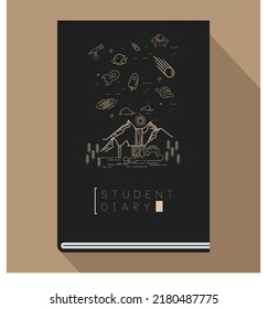 Plantilla de portada del diario de estudiantes elementos de naturaleza astronómica dibujados a mano oscura 