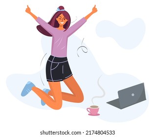 The student did a great job. Happy woman with laptop celebrating victory by joyfully raising her hands. Emotion concept of work or study success. Vector cartoon flat character.
