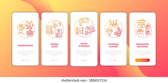 Student difficulties onboarding mobile app page screen with concepts. College life challenges walkthrough 5 steps graphic instructions. School UI vector template with RGB color illustrations