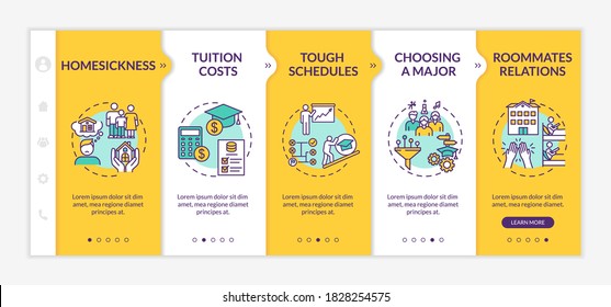 Student difficulties onboarding vector template. High school studying challenge. College life issues. Responsive mobile website with icons. Webpage walkthrough step screens. RGB color concept