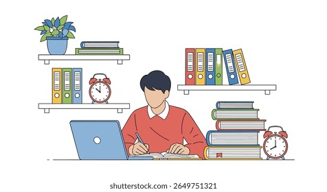 A student diligently works on their laptop surrounded by books and study materials on shelves and a desk demonstrating focused learning and academic preparation
