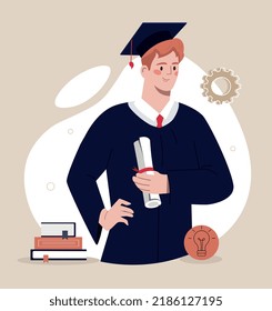 Student with diploma. Guy with certificate successfully completed his studies at university. Graduation of young specialist, diploma defense, concept of education. Cartoon flat vector illustration