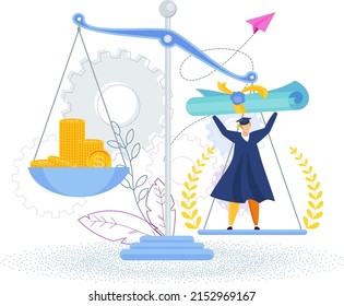 Student with a diploma on scales. Education is more important than money. Graduation gown. Student graduation party. Cheerful young people graduated from the university. Flat vector illustration.