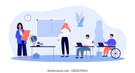 Student with disability in class vector illustration. Diverse students studying with laptops, listening to teacher at school. Education, diversity, inclusion, community concept