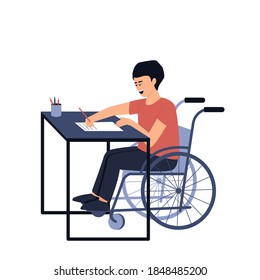 The student with a disability sits at his desk and does his homework. Concept for learning at home in isolation or doing homework. Boy in a wheelchair. Flat vector illustration.

