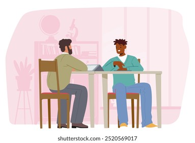 Student Discussing Or Submitting An Exam To A Teacher At A Table. The Teacher Is Using A Tablet, While The Student Is Speaking, Explaining his Work in Academic Environment. Cartoon Vector Illustration