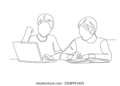 Desenho de uma linha do conceito de discussão com o aluno